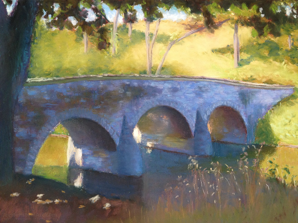Pastel painting of a bridge with three arches, over a wide creek. A tree is to the left and a hill in the background.