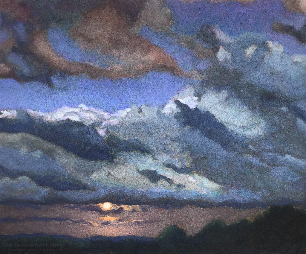 Pastel painting of a sunset and clouds, over a sliver of dark land. The blue-gray-purple clouds are heavy and take up 2/3 of the upper painting. The sun peeks out just below them, creating a violet band just above the darkly silhouetted earth and trees.