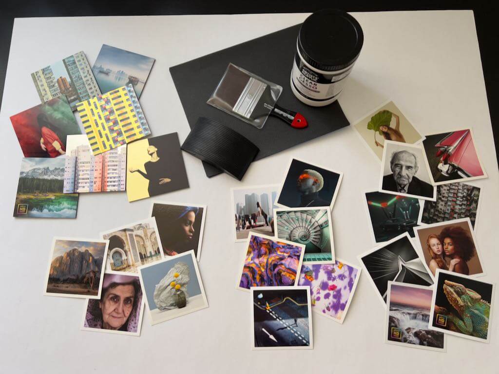 Photograph of groups of photo samples, plus some sandpaper, gesso, a paintbrush and a sanding block.