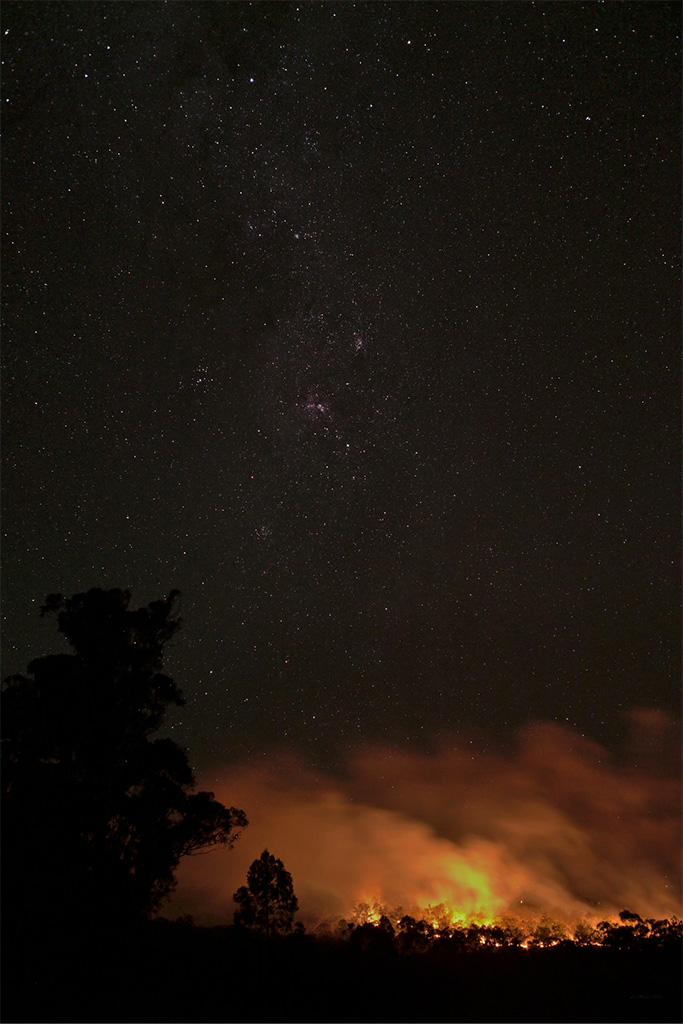 Photo of a flaming, smoking forest fire at night, under a starry sky with the Milky Way.