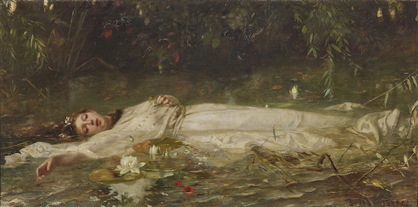 Painting by Friedrich Heyser from around 1900, of William Shakespeare’s tragic character Ophelia, from his play Hamlet. She is depicted as a young woman in a white gown, floating among water lilies in a lake, with her arm outstretched.