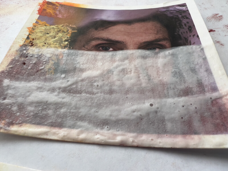 Texturized thick gesso on a test photo print.