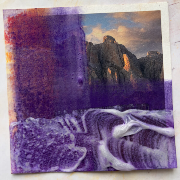 Textured, swirled, thick gesso over a photo print and blended pastels.