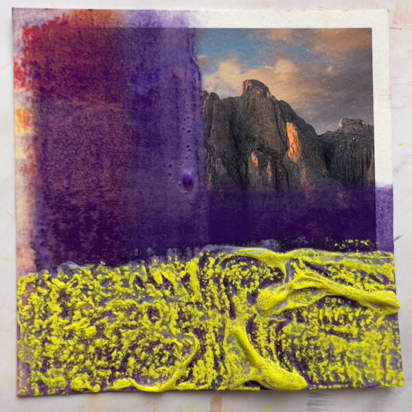 Textured, swirled, thick gesso over a photo print, pastels applied over bubbles.