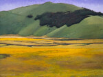 Photo of a painting of a mountain overlooking a valley. The mountain is shades of green, with a dark green forest spilling over the ridge and down across the middle. The valley is mostly in bright to dull yellows, and there is a fissure running laterally across it.