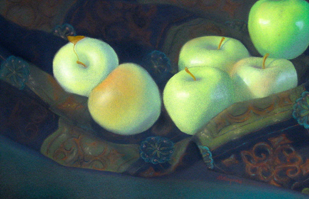 Pastel painting of six green apples, on a dark patterned cloth, two of them blushing with tinges of red.